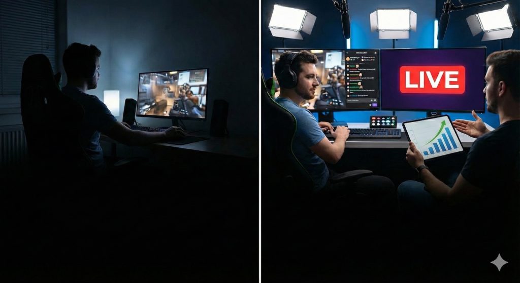 Comparaison avant-après : à gauche un streamer seul dans le noir avec 0 viewers, à droite un streamer professionnel accompagné d'un manager analysant la croissance de l'audience sur une tablette.