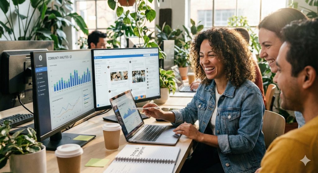 Une Community Manager souriante analyse des graphiques de performance réseaux sociaux sur ordinateur portable et double écran, en collaboration avec deux collègues dans un bureau moderne.