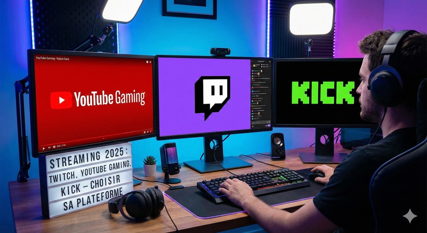 Streamer professionnel devant un setup à trois écrans affichant les logos de YouTube Gaming, Twitch et Kick, illustrant le choix de la plateforme pour débuter le streaming en 2025.