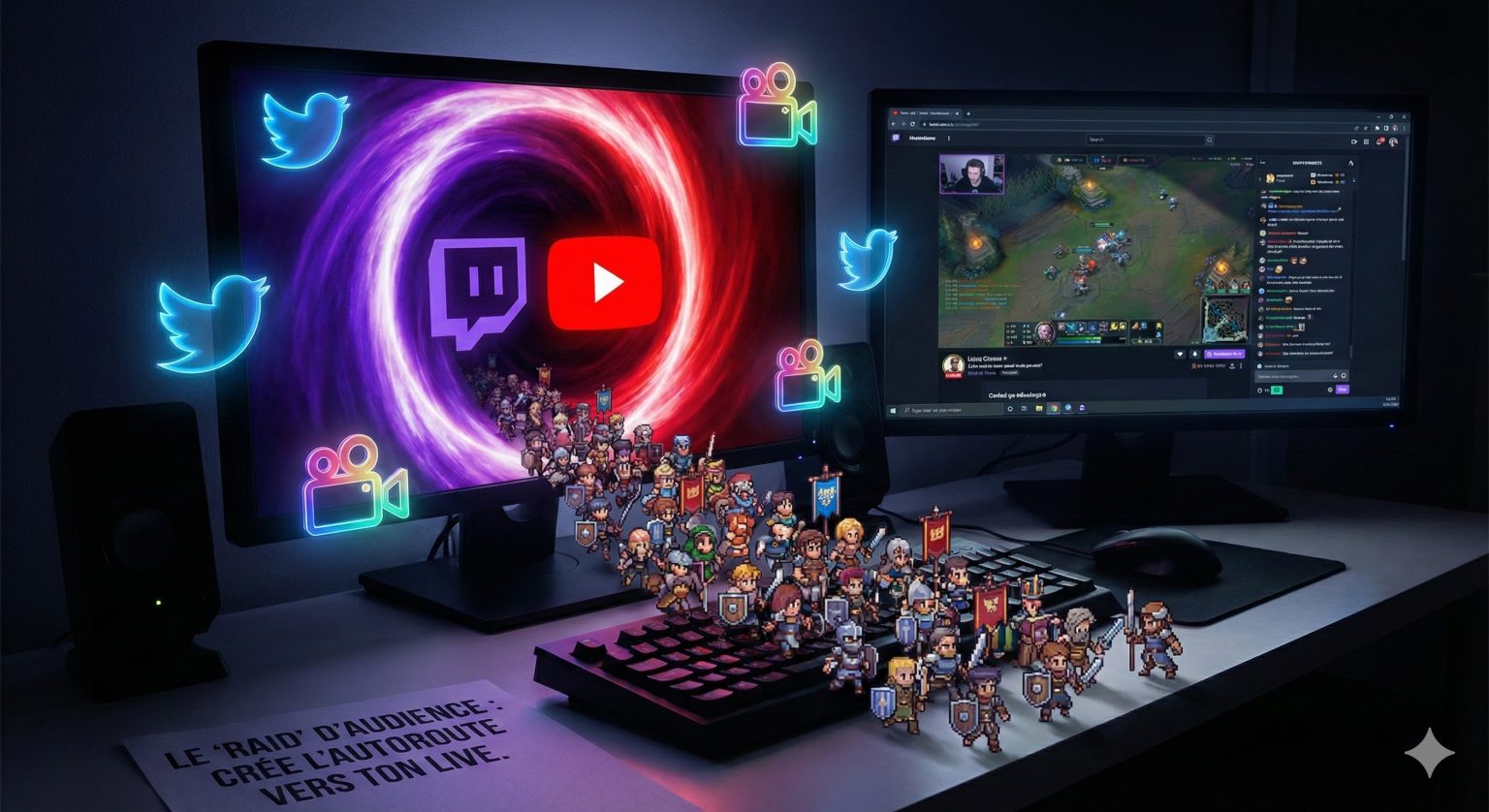 Illustration conceptuelle d'un "raid d'audience" dans un setup gaming : un portail lumineux aux logos Twitch et YouTube déverse une armée de personnages pixel-art sur un clavier, se dirigeant vers un écran diffusant un stream de jeu vidéo. Des icônes Twitter et Instagram flottent autour.