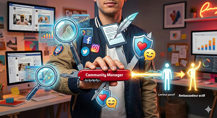 Illustration métaphorique d'un Community Manager tenant un couteau suisse multifonction. Des icônes holographiques représentent ses compétences : analyse de données, rédaction de contenu, et modération. Une flèche montre la transformation d'un "Lecteur passif" en "Ambassadeur actif"