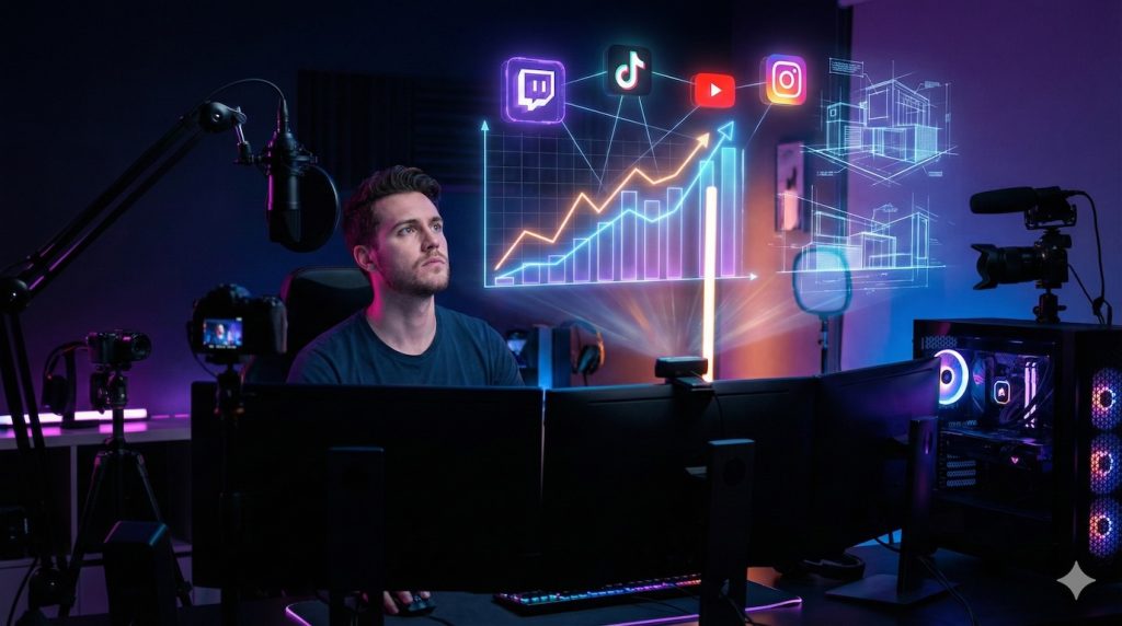 Un créateur de contenu ambitieux dans son studio de streaming professionnel, analysant une interface holographique futuriste affichant des graphiques de croissance d'audience et les logos interconnectés de Twitch, TikTok, YouTube et Instagram.