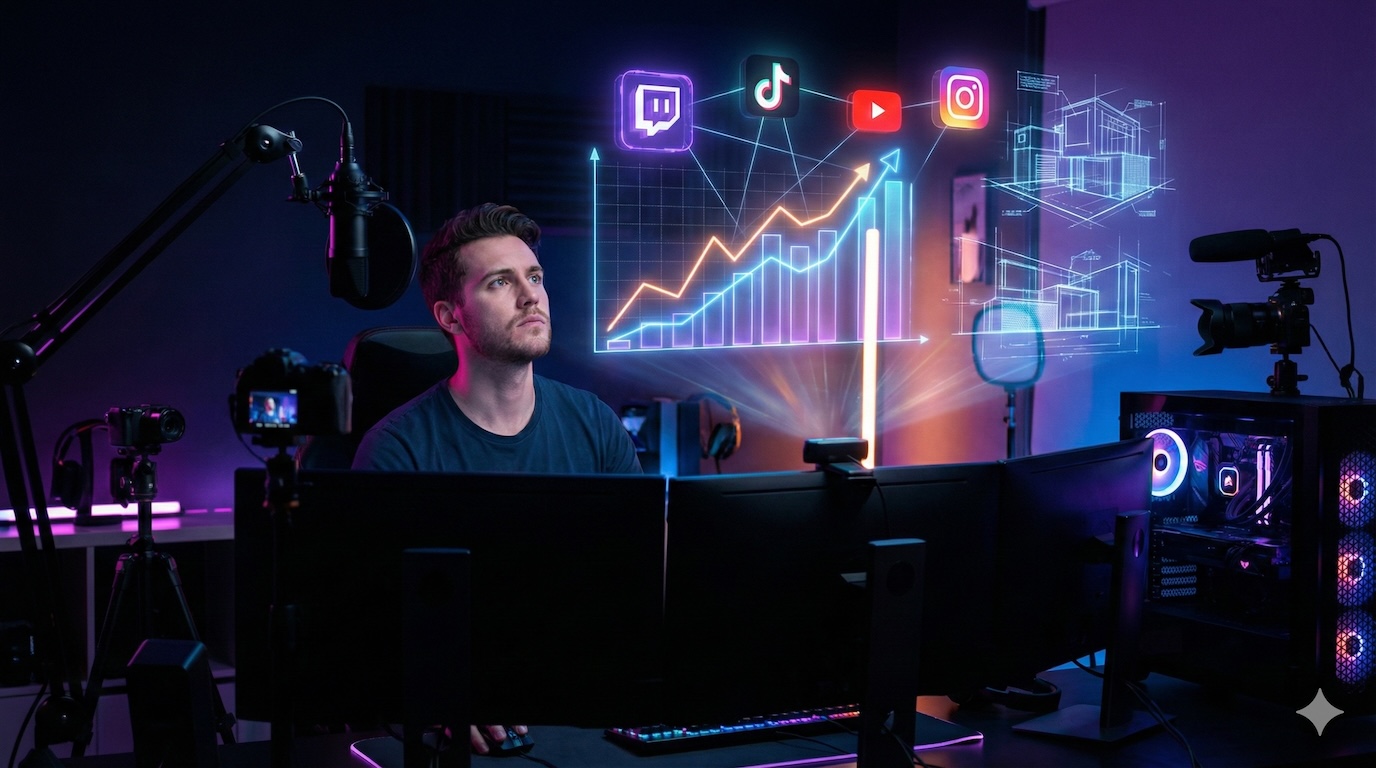 Un créateur de contenu ambitieux dans son studio de streaming professionnel, analysant une interface holographique futuriste affichant des graphiques de croissance d'audience et les logos interconnectés de Twitch, TikTok, YouTube et Instagram.