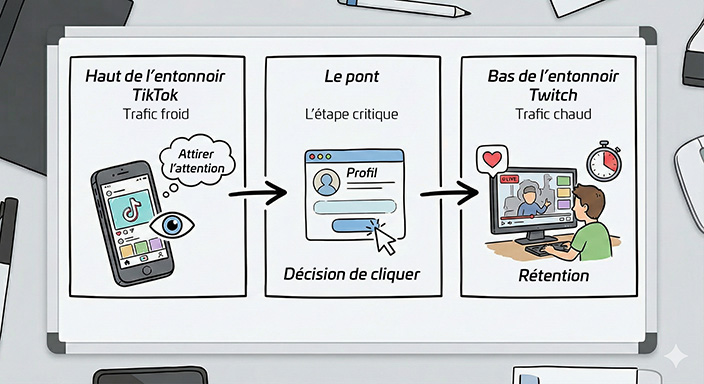 A whiteboard diagram showing a three-step digital marketing funnel: a smartphone with the TikTok logo and an eye icon, a web profile window with a cursor clicking a button, and a person watching a live stream on a computer with a heart icon and a stopwatch, illustrating user conversion from social media to engagement.