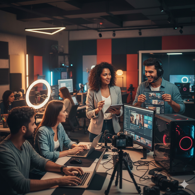 Équipe de community managers et créateurs de contenu collaborant dans un studio digital moderne avec matériel vidéo.