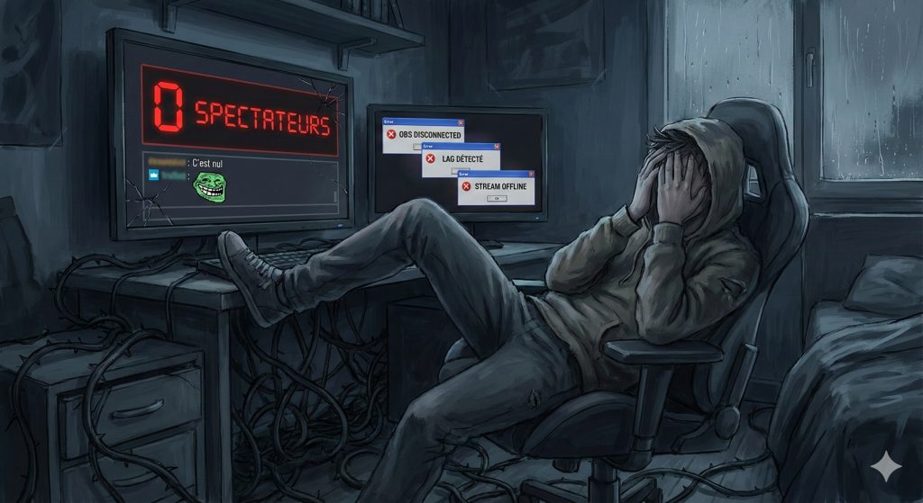 Illustration sombre montrant un streamer débutant découragé face à son écran qui affiche '0 spectateurs' et des messages d'erreurs techniques. La scène symbolise la solitude, la difficulté de percer et les obstacles techniques du streaming sur Twitch.