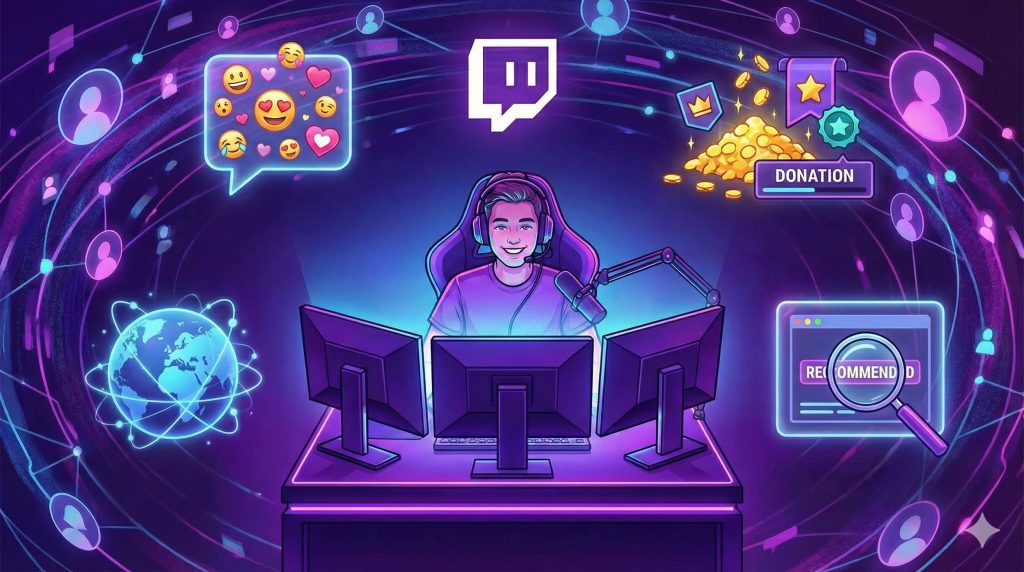 Illustration numérique montrant un streamer Twitch à succès entouré d'icônes lumineuses représentant les atouts de la plateforme : une communauté active dans le chat, des outils de monétisation (Bits, abonnements), une portée mondiale et une bonne découvrabilité.