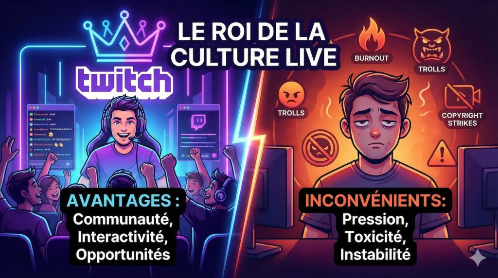 Illustration divisée en deux montrant la dualité de Twitch : à gauche, l'aspect positif avec un streamer heureux et une communauté engagée ; à droite, les inconvénients représentant la pression et le burnout du streaming.