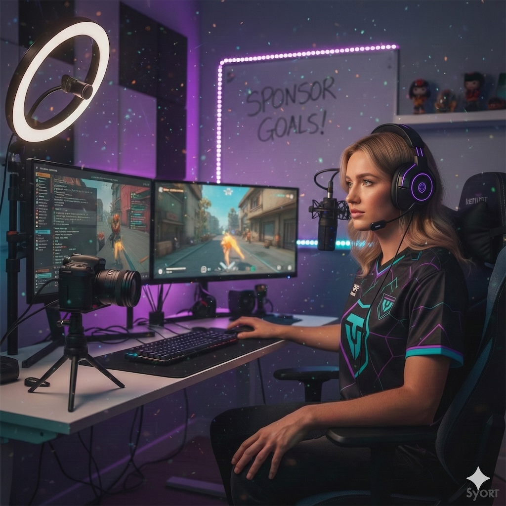 Streamer et influenceuse gaming en direct avec setup professionnel affichant ses objectifs de sponsoring de marque.