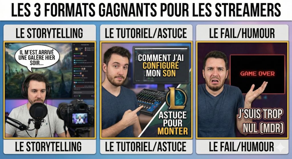 Infographie divisée en trois panneaux illustrant les formats de contenu gagnants pour les streamers : un streamer racontant une anecdote face caméra pour le Storytelling, un streamer montrant une table de mixage et le logo LoL pour le Tutoriel/Astuce, et un streamer dépité devant un écran Game Over pour le Fail/Humour.