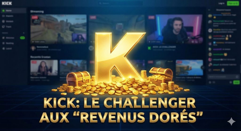 Illustration avec un grand logo 'K' de Kick en or brillant posé sur un énorme tas de pièces d'or et de coffres au trésor. En arrière-plan, une interface floutée de la plateforme de streaming Kick. Le texte "KICK: LE CHALLENGER AUX 'REVENUS DORÉS'" est écrit en bas en lettres dorées.