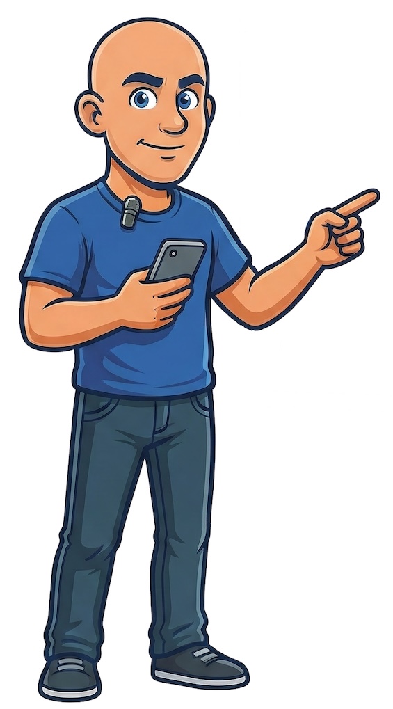 Illustration vectorielle d'un homme chauve souriant en t-shirt bleu et jean, tenant un smartphone et pointant du doigt vers la droite. Il porte un micro cravate.