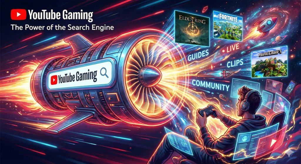 Illustration futuriste montrant un gamer propulsé par un puissant réacteur "YouTube Gaming" servant de moteur de recherche pour découvrir instantanément des jeux, clips et streams.