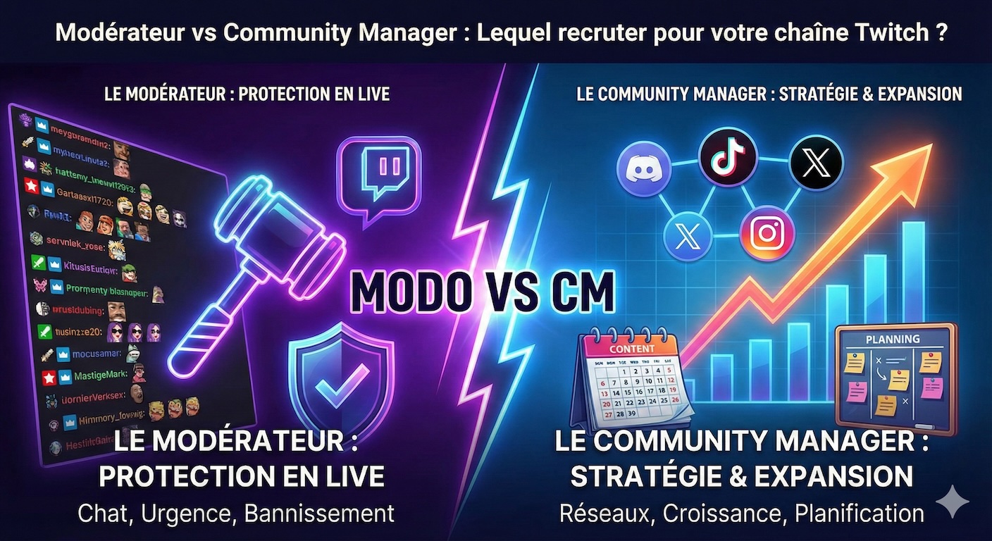 Infographie comparative : Rôle du modérateur Twitch (protection du live, gestion du chat, bannissement) versus Community Manager (stratégie réseaux sociaux, planification, croissance de l'audience).