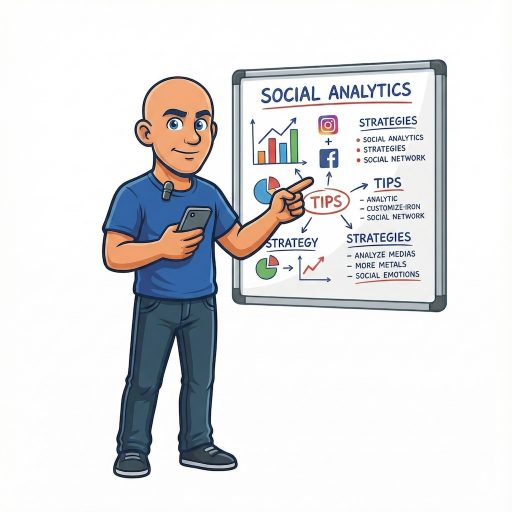 Illustration vectorielle d'un expert en marketing pointant un tableau blanc intitulé Social Analytics affichant des graphiques de performance, des icônes Instagram et Facebook, et des listes de stratégies.