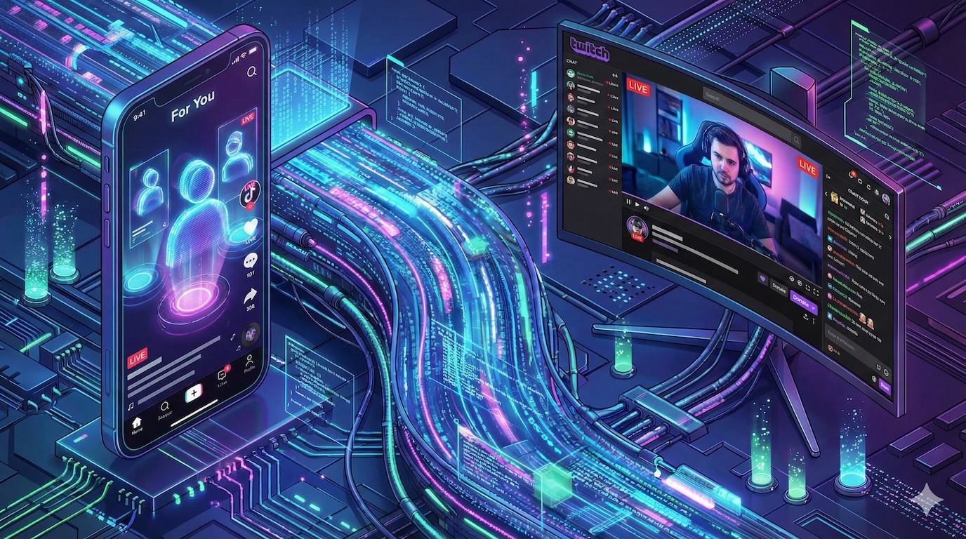 Illustration isométrique 4K d'un flux de données numérique futuriste et cybernétique reliant un smartphone avec l'interface TikTok à un grand moniteur de jeu affichant Twitch, avec des lumières néon.