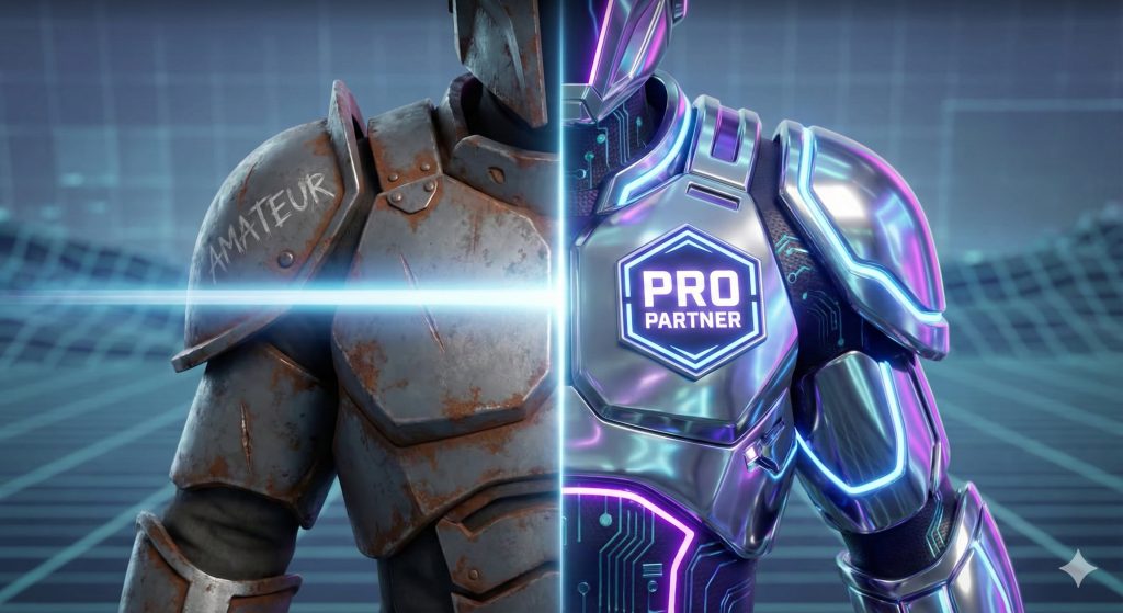 Transformation d'un personnage de jeu vidéo : moitié armure rouillée amateur, moitié armure futuriste chromée avec badge Pro Partner.