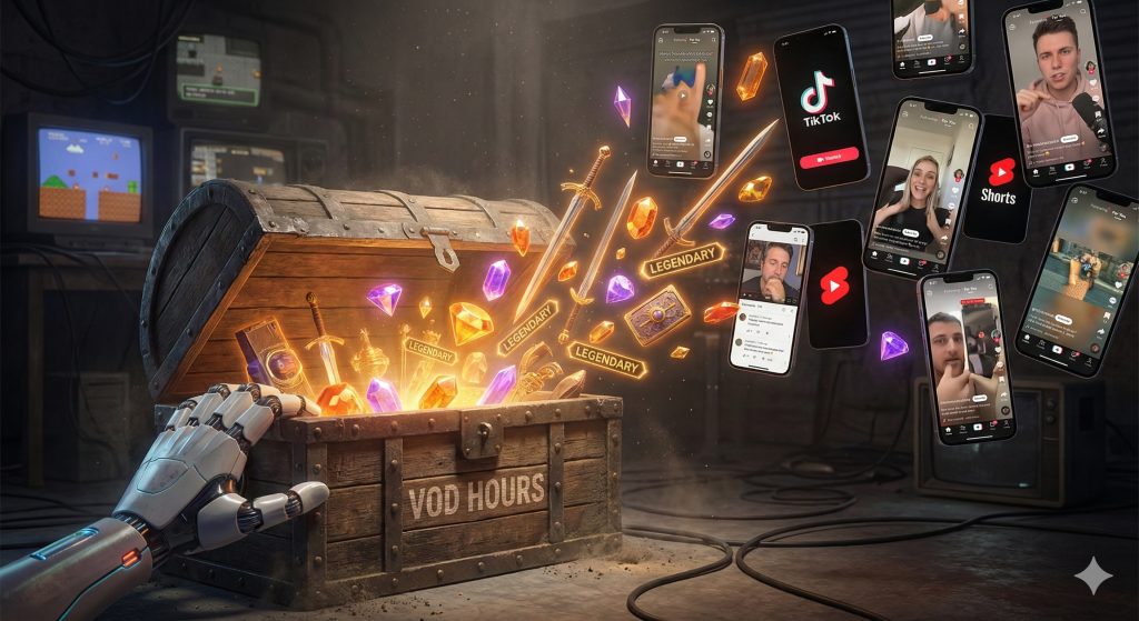 Illustration d'une main cybernétique ouvrant un coffre au trésor marqué VOD HOURS, duquel s'envolent des gemmes se transformant en smartphones affichant des interfaces TikTok et Shorts.